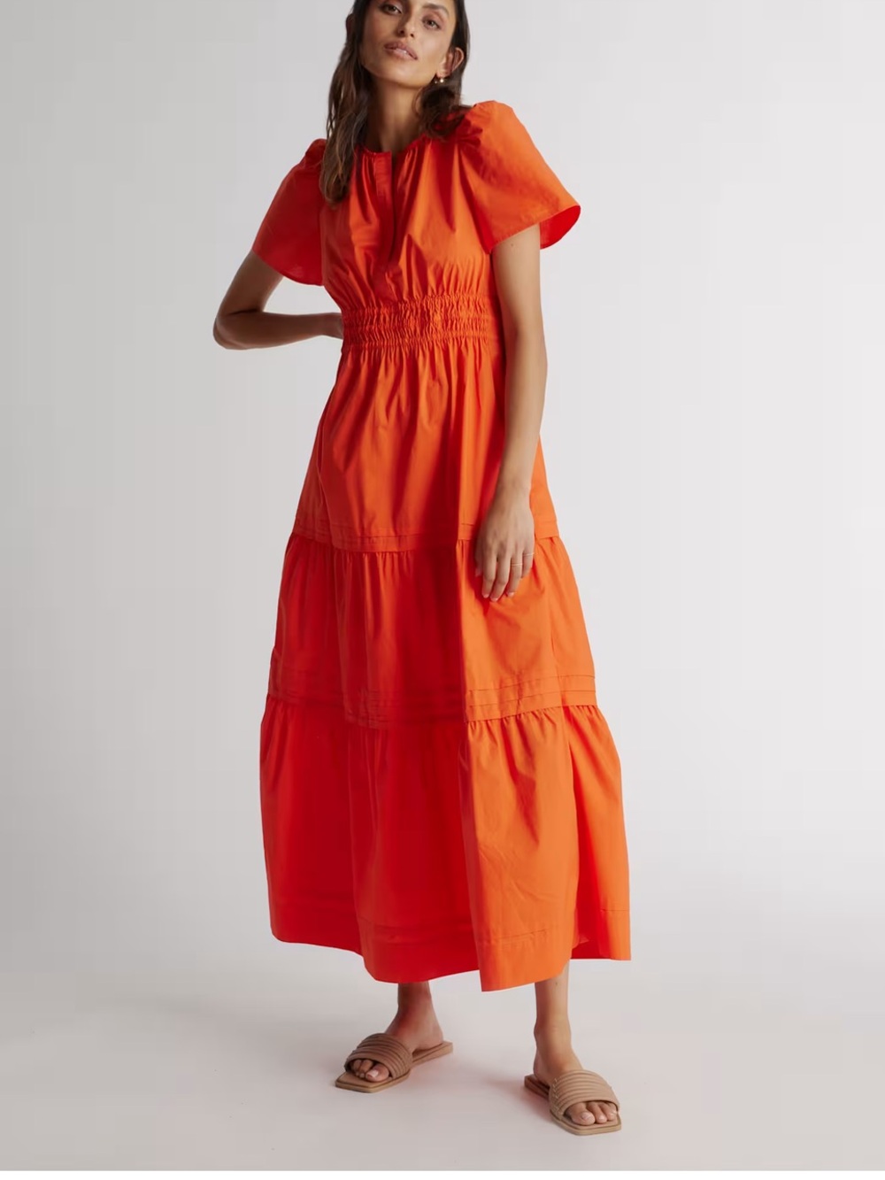 Quince 100% Organic Cotton Poplin Tiered Maxi Dress in Vermillion Red
